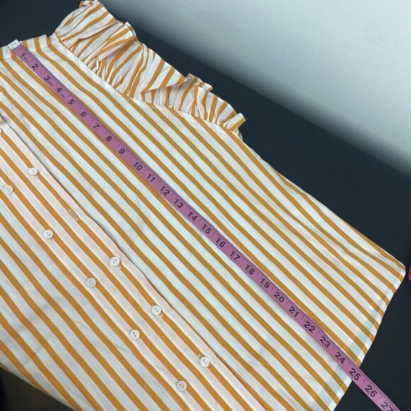 Harshman Women's Striped Ruffle Blouse Size M MISSING BUTTON Orange White - Picture 9 of 10